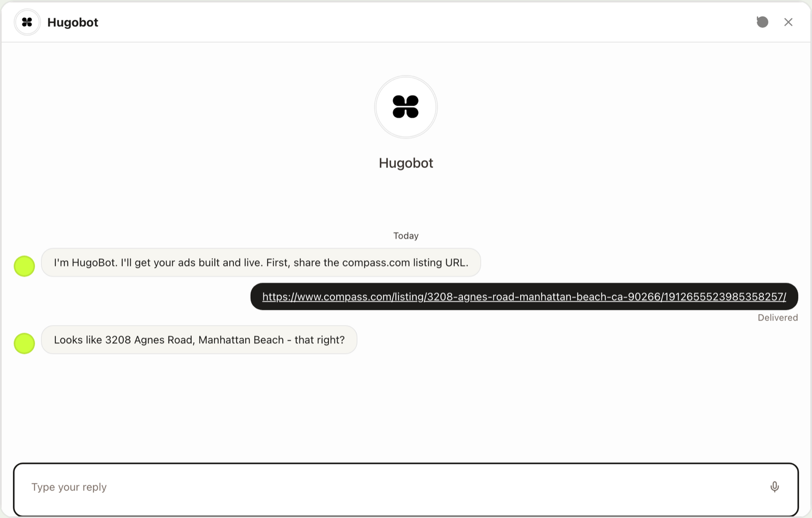 A live HugoBot conversation confirming a Manhattan Beach listing address from a pasted Compass link