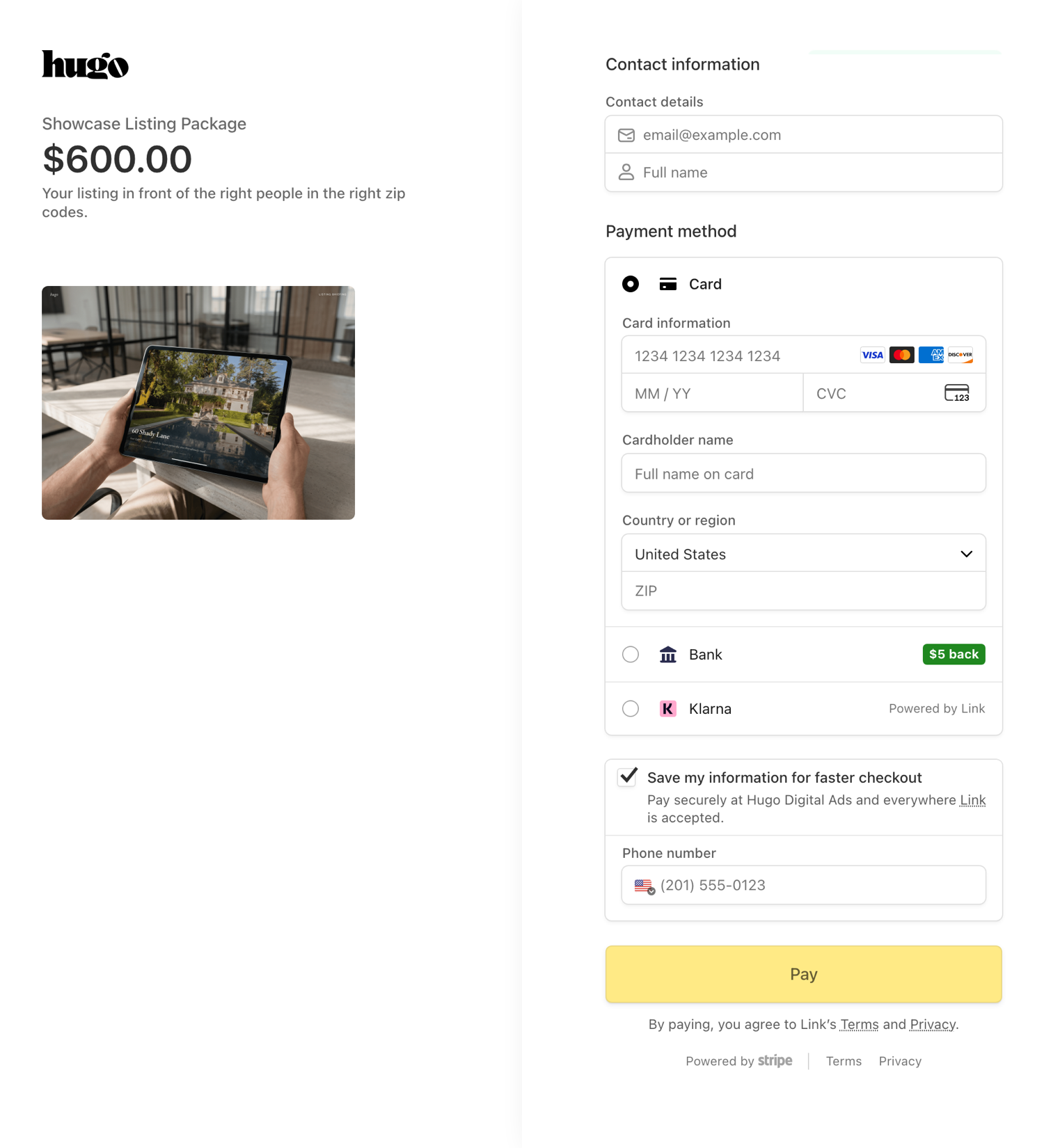 The Stripe checkout page for the same Showcase listing request